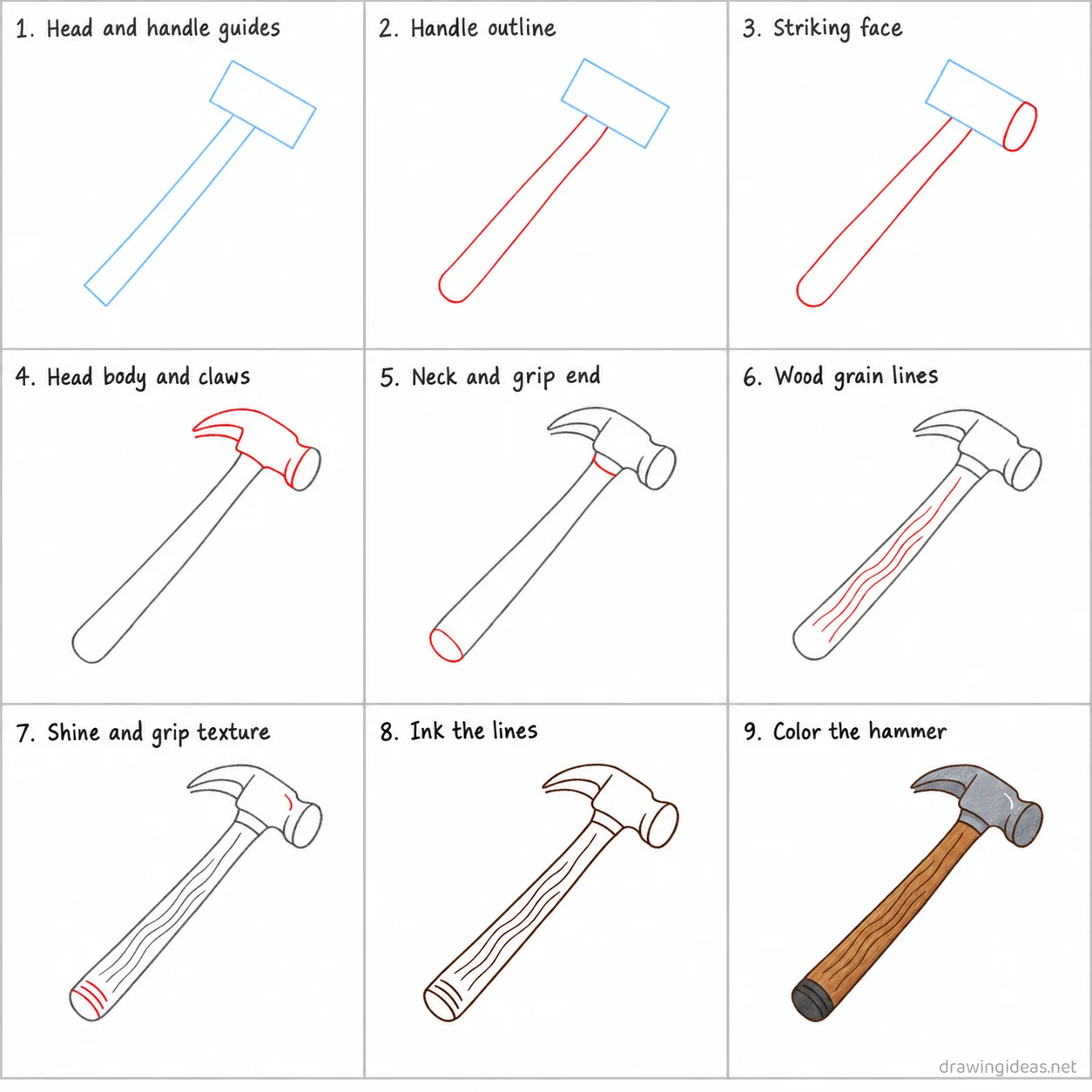 How to draw a hammer step by step — 9-step hammer drawing tutorial sheet