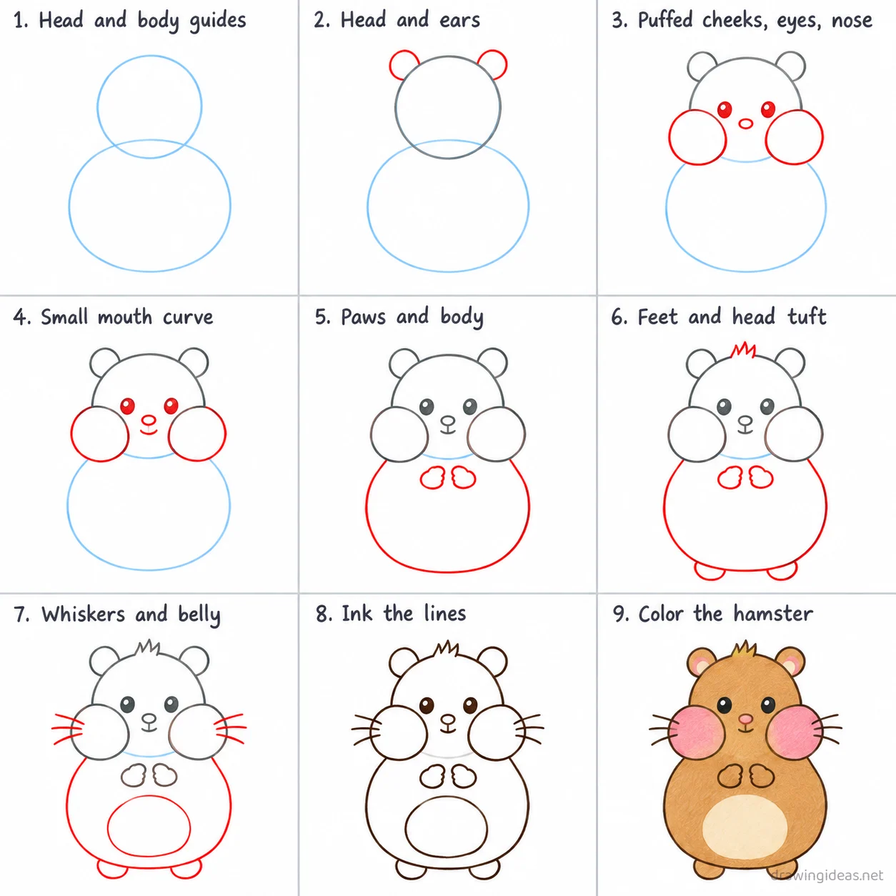 How to draw a hamster meme step by step — 9-step hamster meme drawing tutorial sheet