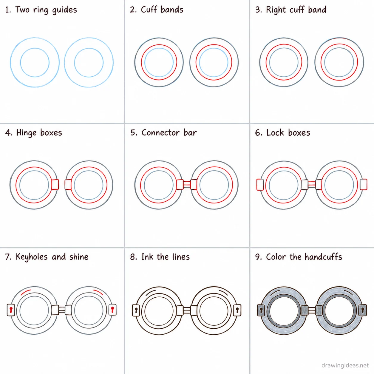 How to draw handcuffs step by step — 9-step handcuffs drawing tutorial sheet