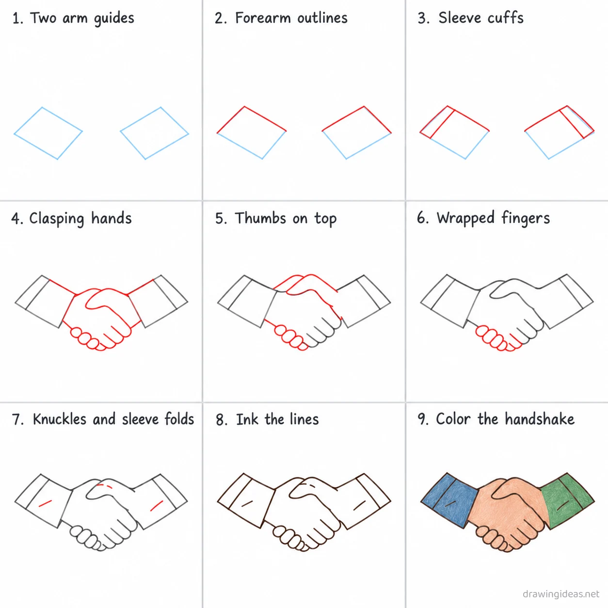 How to draw a handshake step by step — 9-step handshake drawing tutorial sheet