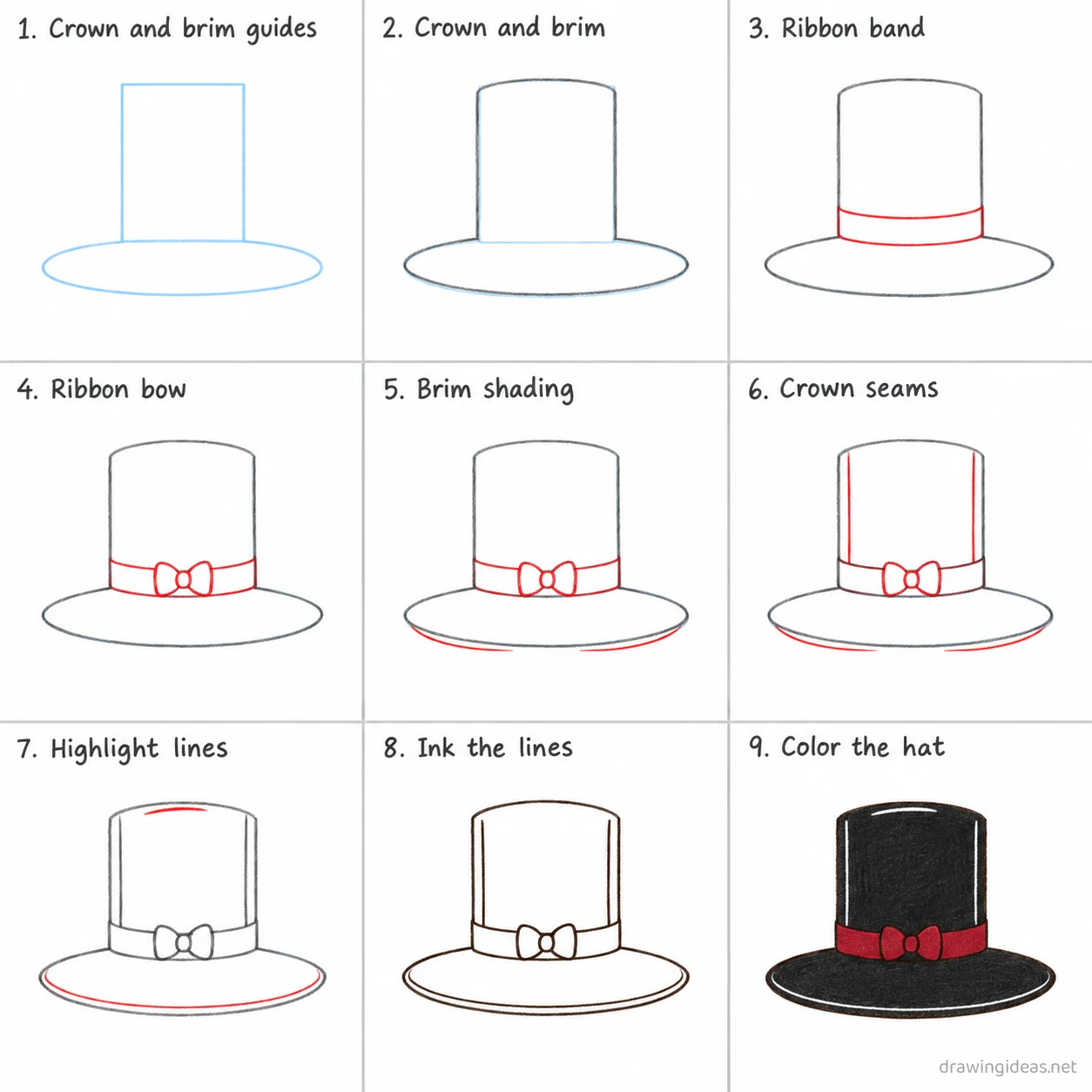 How to draw a hat step by step — 9-step hat drawing tutorial sheet