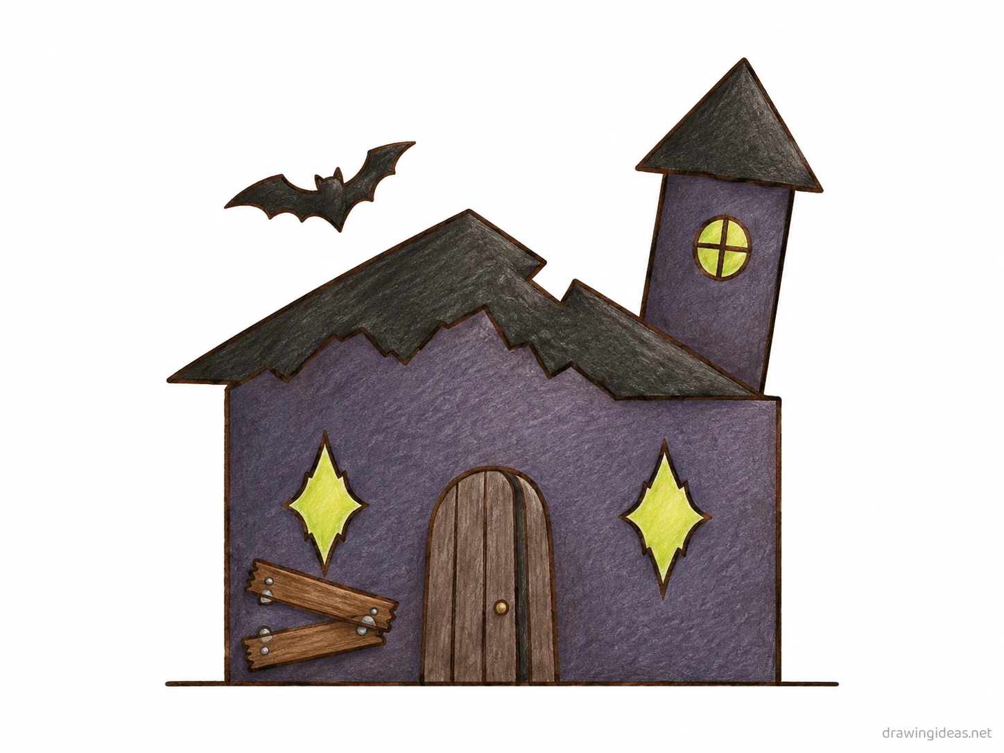 Haunted House drawing — hand-drawn haunted house illustration with ink lines and soft colors