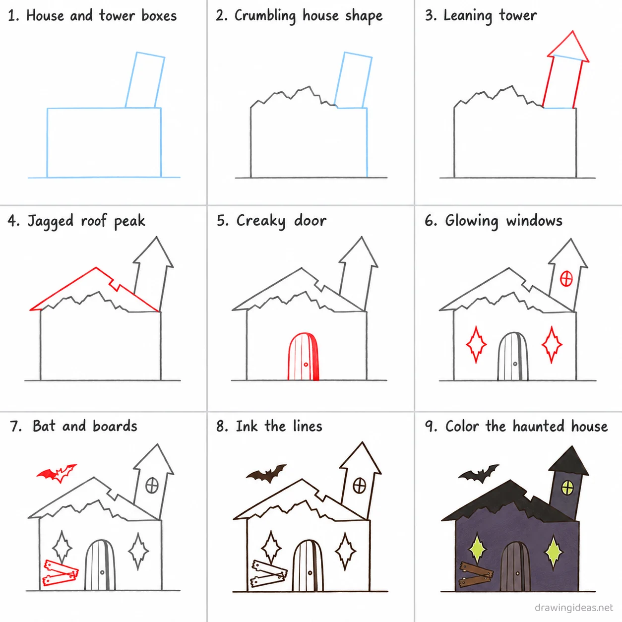 How to draw a haunted house step by step — 9-step haunted house drawing tutorial sheet