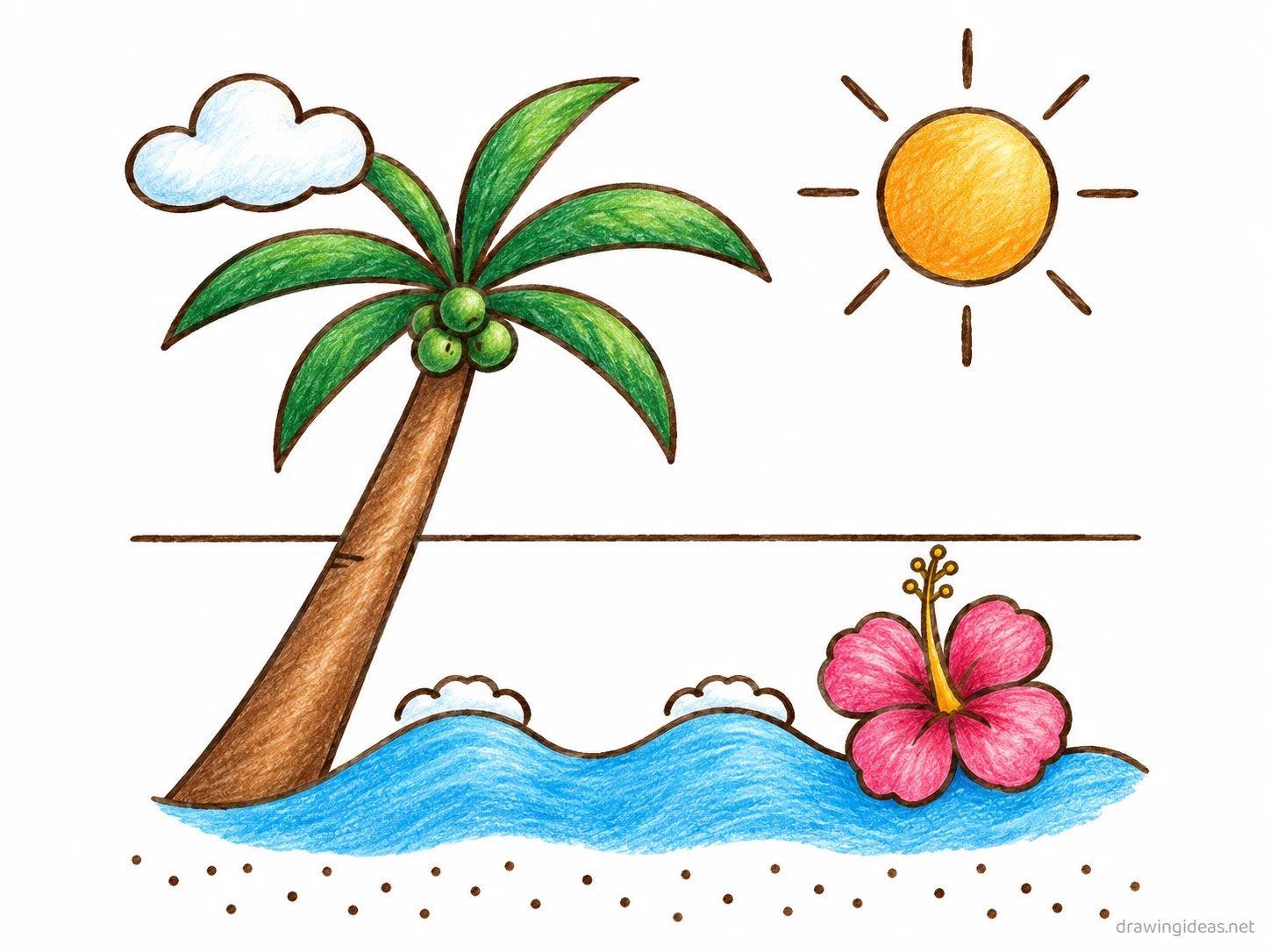 Hawaii drawing — hand-drawn Hawaii illustration with ink lines and soft colors