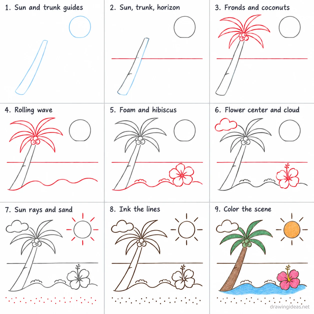 How to draw Hawaii step by step — 9-step Hawaii drawing tutorial sheet