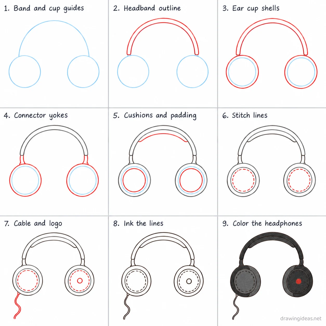 How to draw headphones step by step — 9-step headphones drawing tutorial sheet