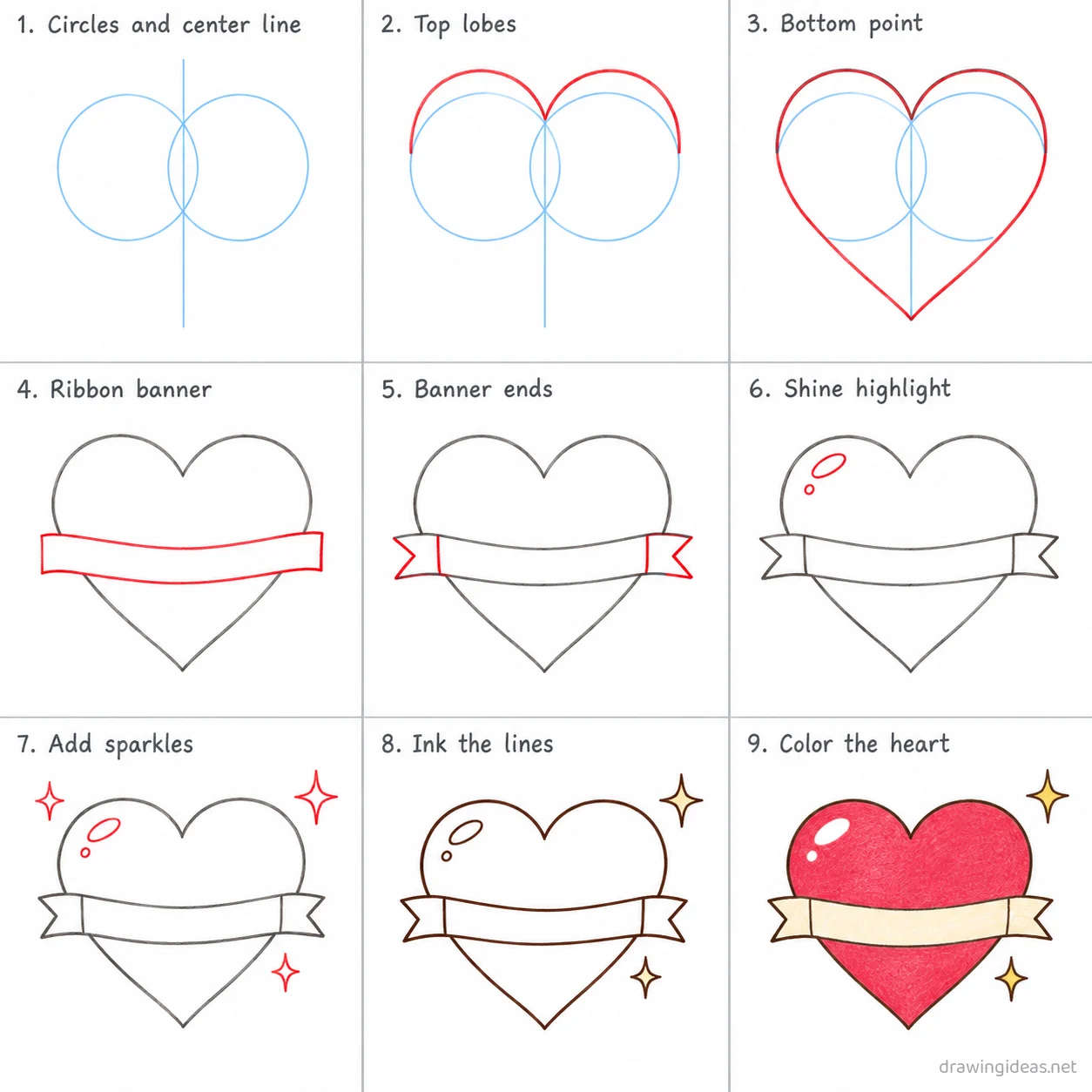 How to draw a heart step by step — 9-step heart drawing tutorial sheet