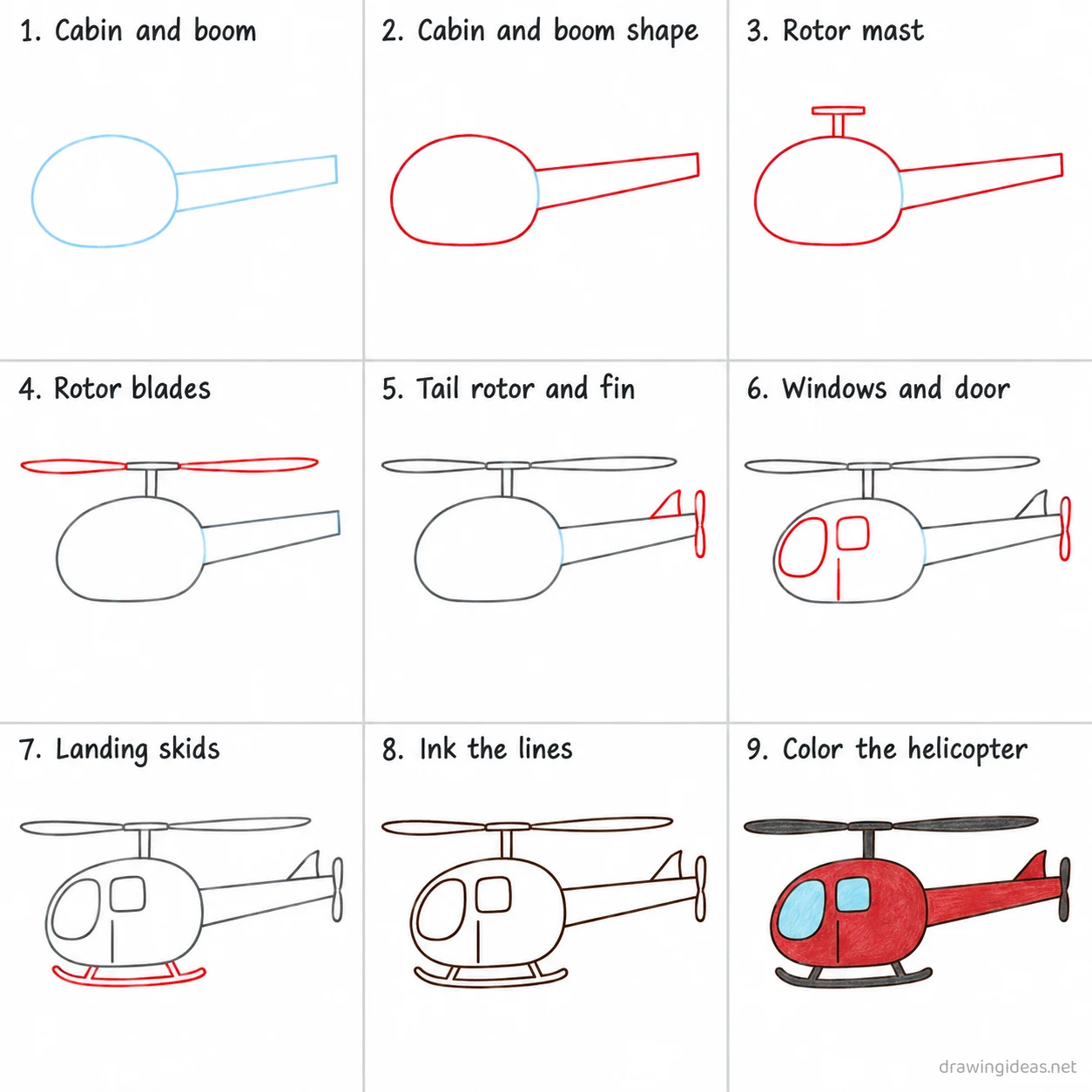 How to draw a helicopter step by step — 9-step helicopter drawing tutorial sheet