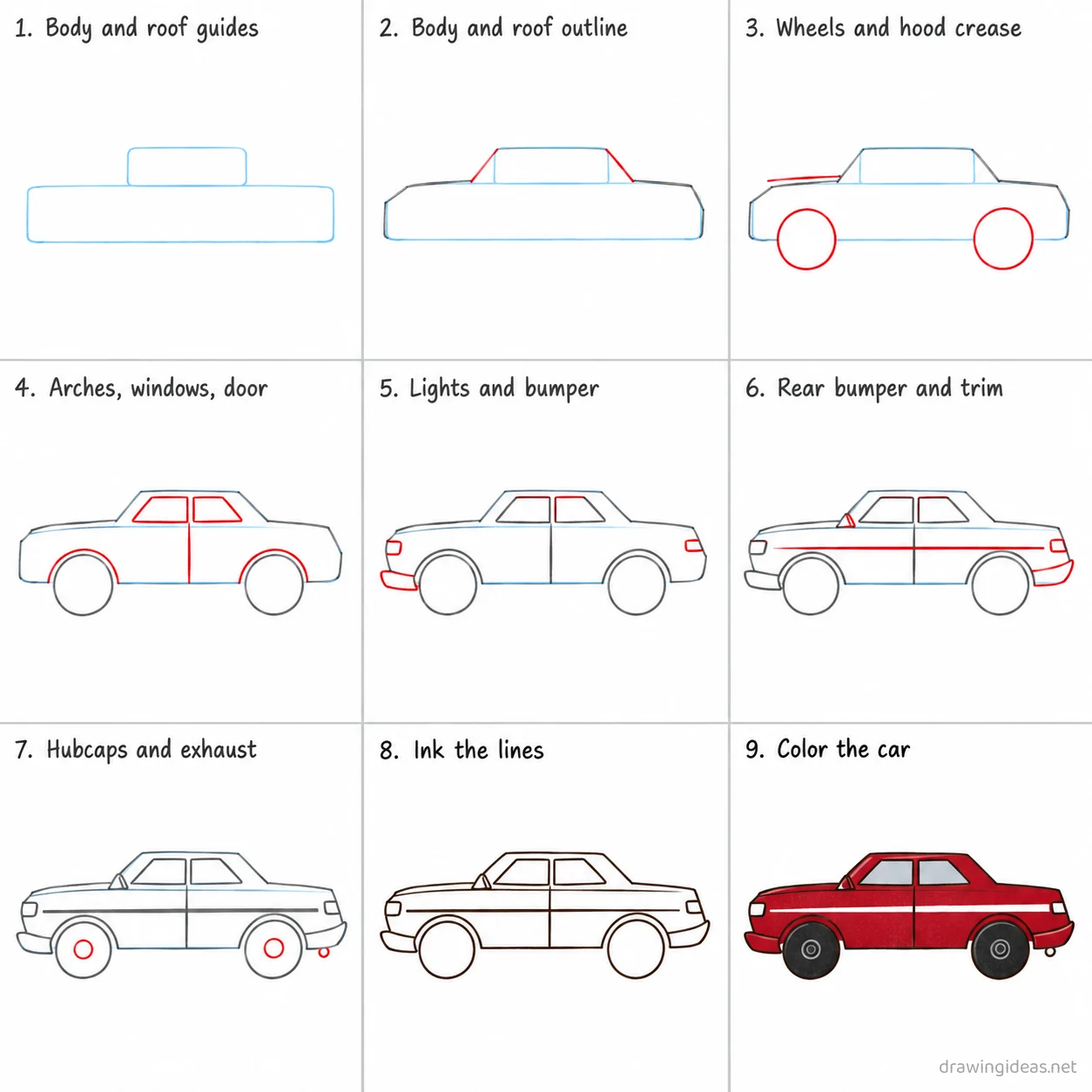 How to draw a hellcat step by step — 9-step hellcat drawing tutorial sheet