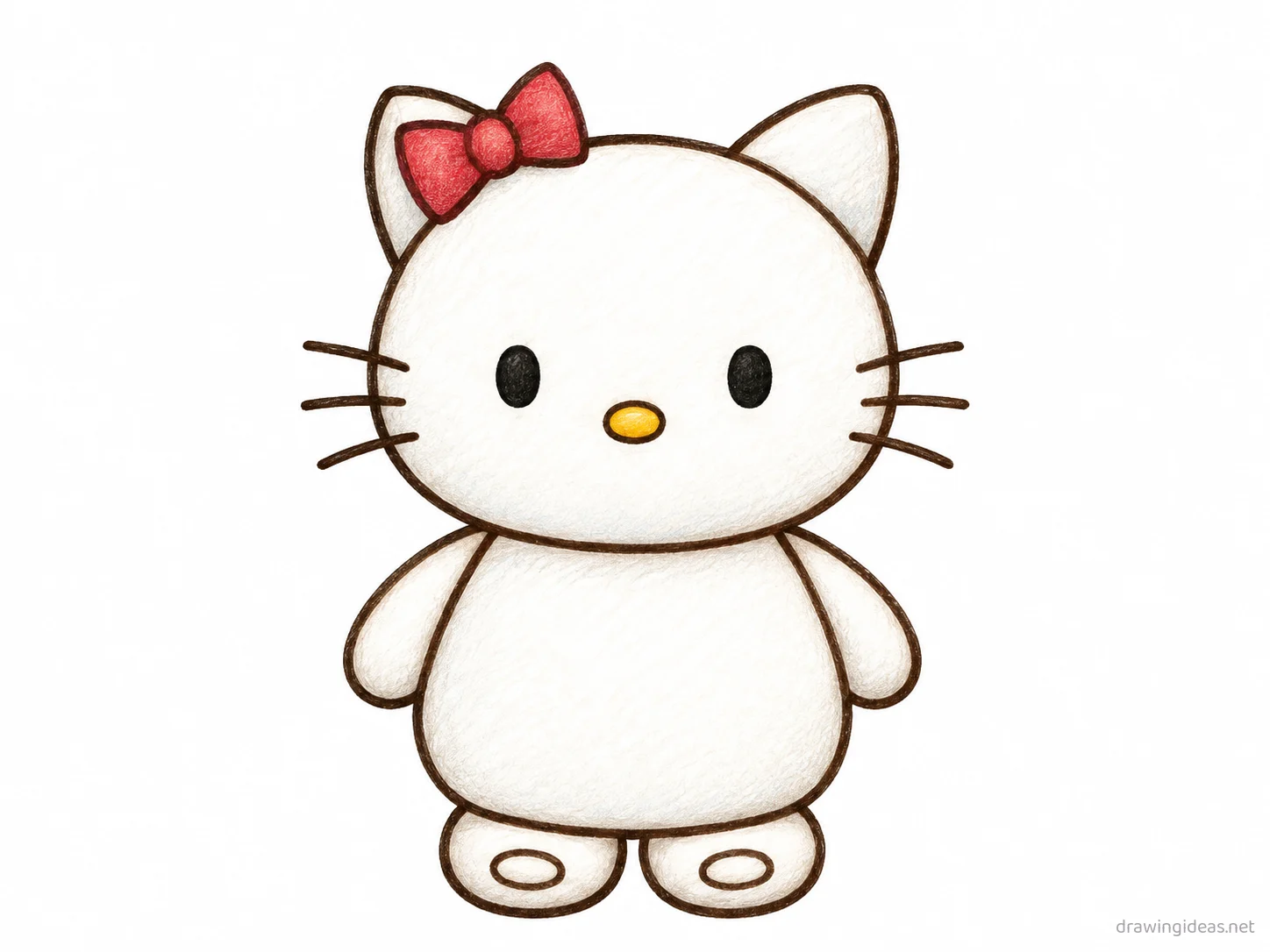Hello Kitty drawing — hand-drawn Hello Kitty illustration with ink lines and soft colors