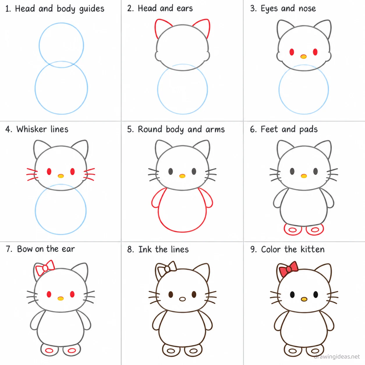 How to draw Hello Kitty step by step — 9-step Hello Kitty drawing tutorial sheet