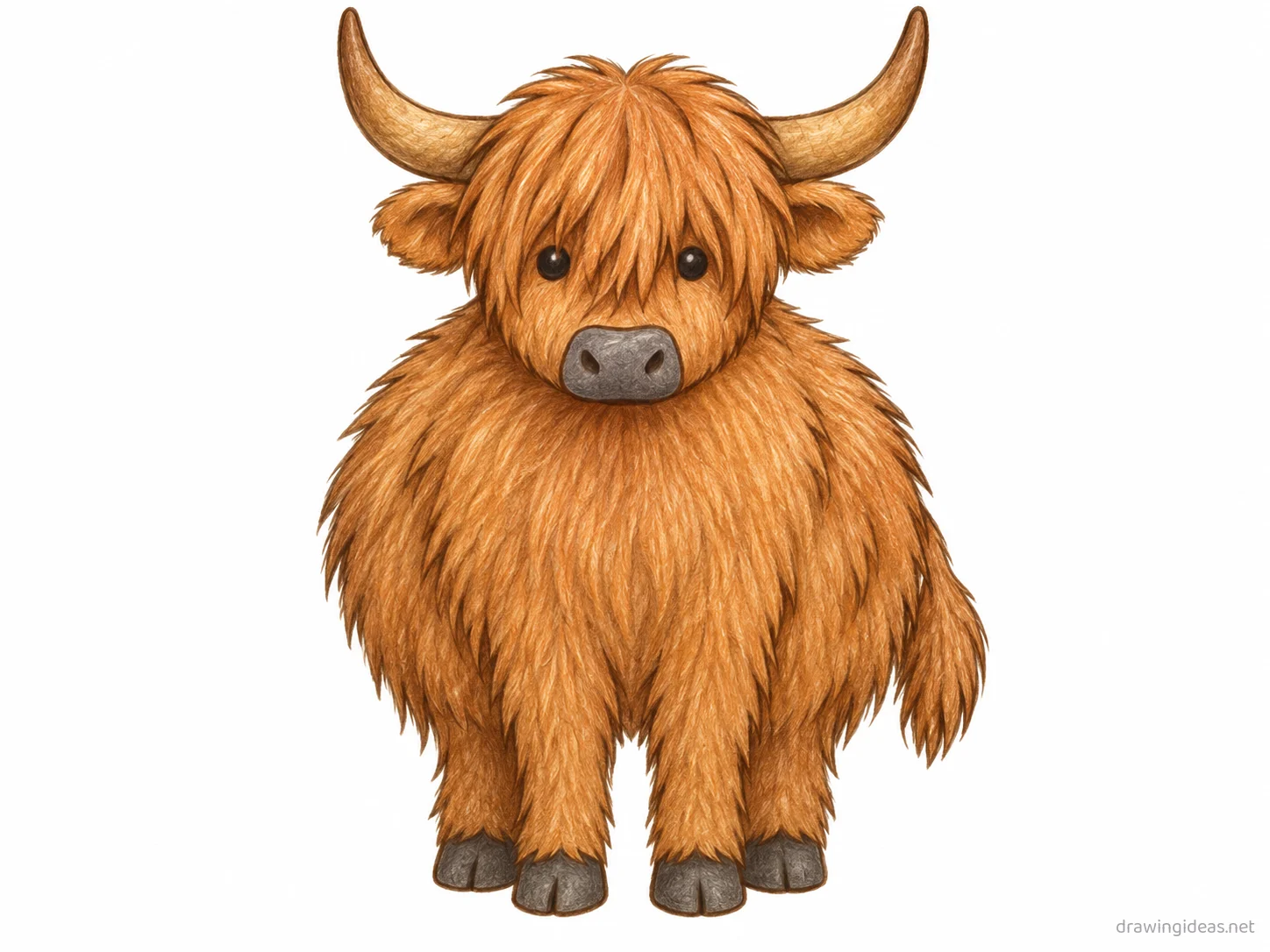 Highland Cow drawing — hand-drawn highland cow illustration with ink lines and soft colors