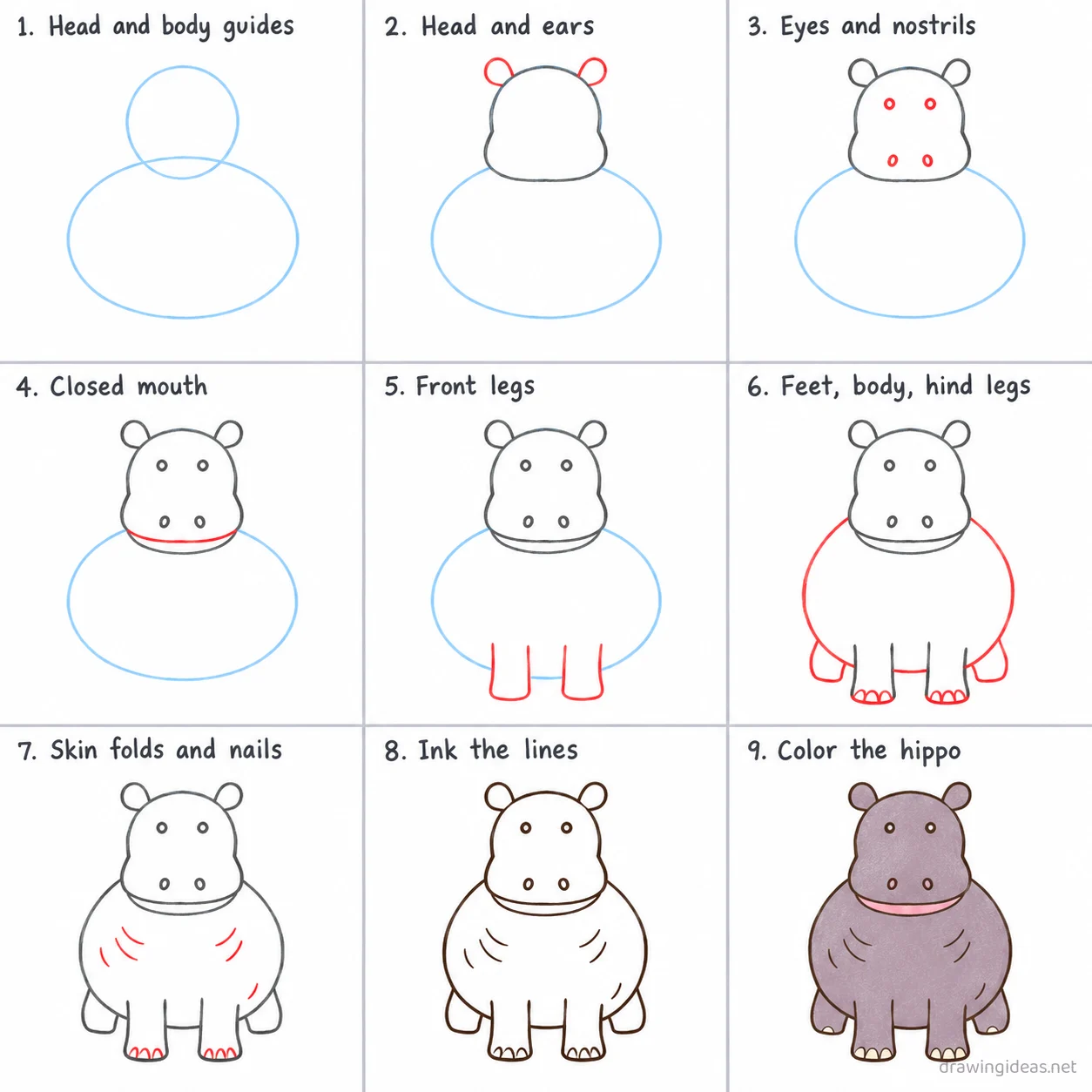 How to draw a hippo step by step — 9-step hippo drawing tutorial sheet