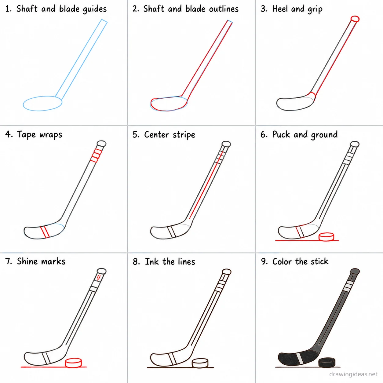 How to draw a hockey stick step by step — 9-step hockey stick drawing tutorial sheet
