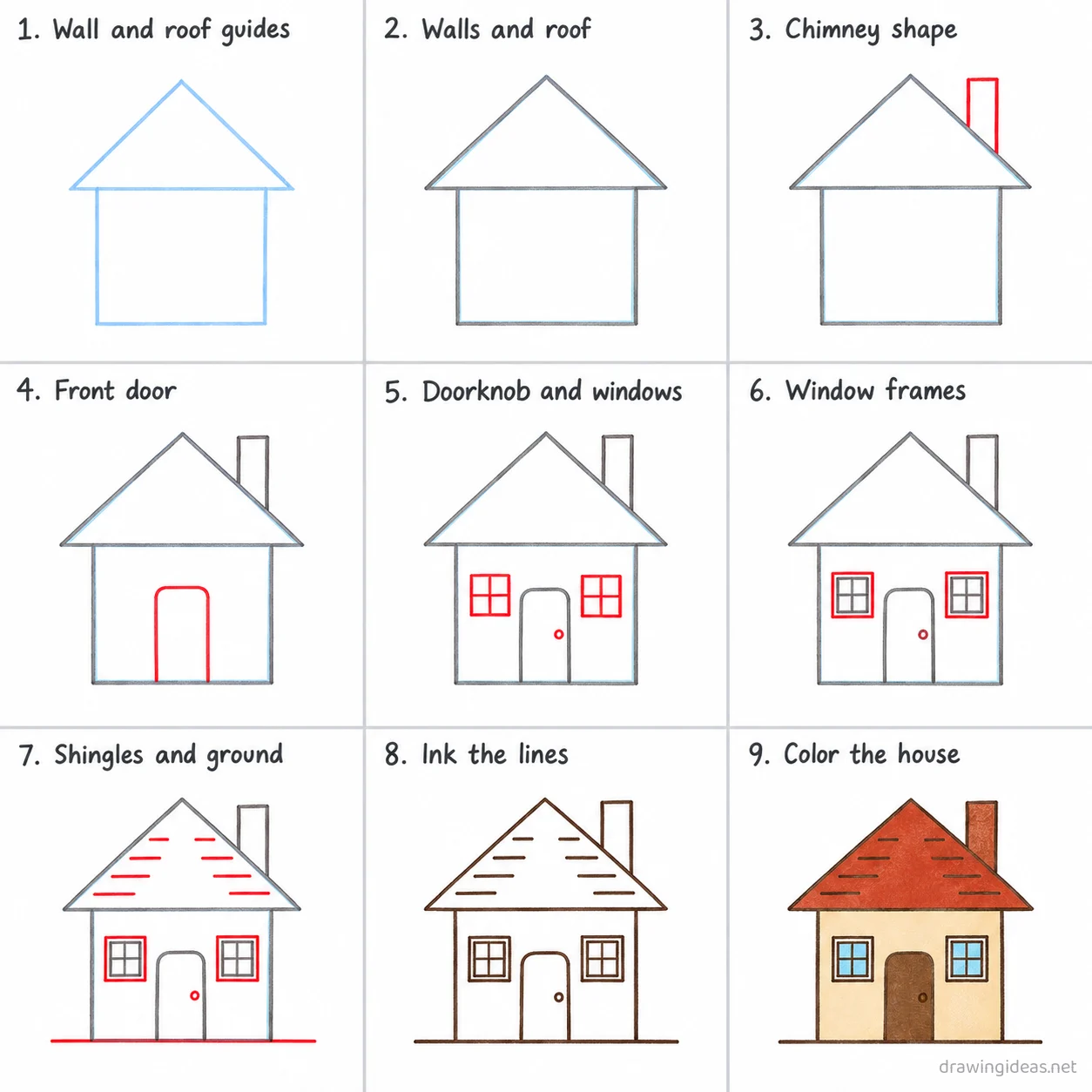 How to draw a home step by step — 9-step home drawing tutorial sheet