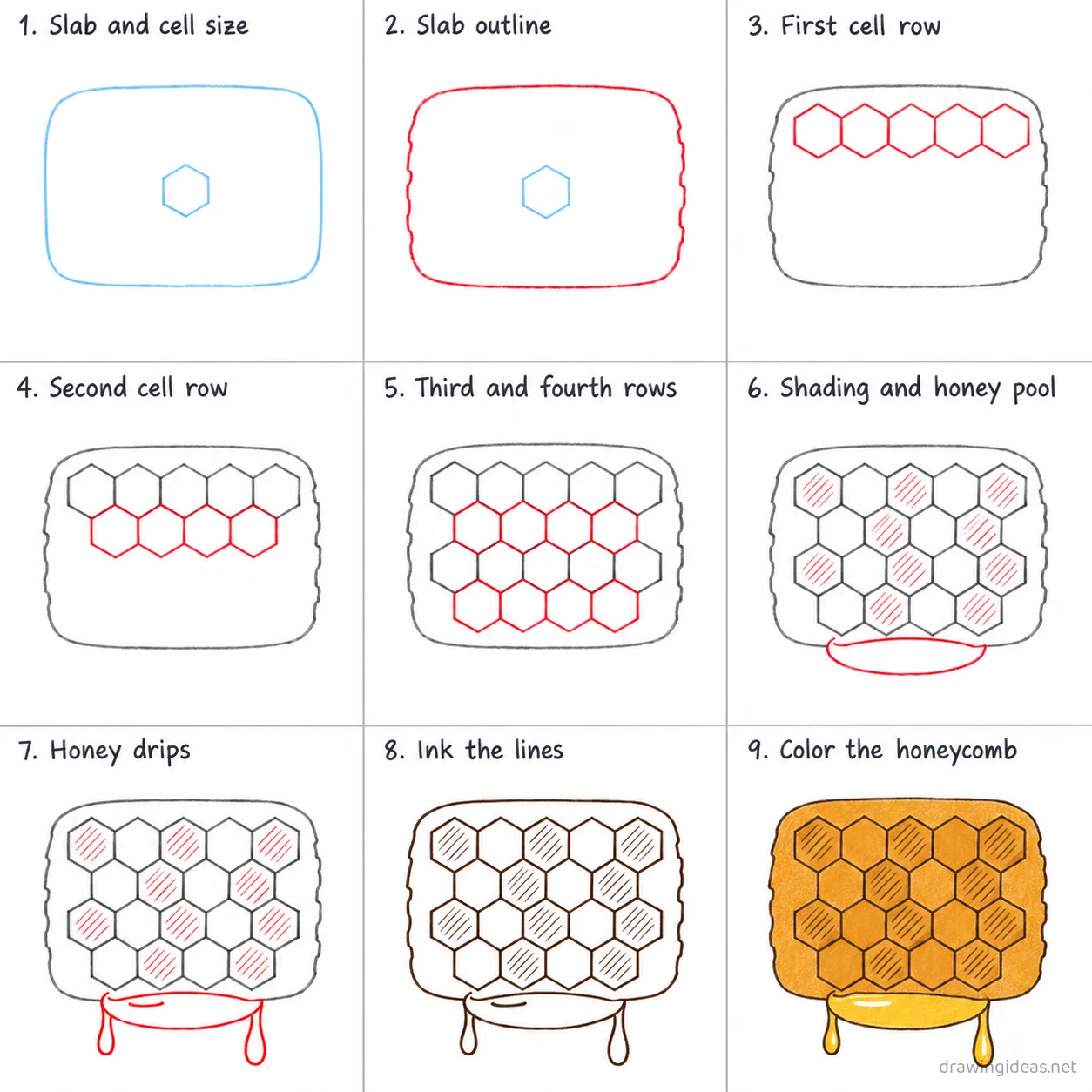 How to draw honeycomb step by step — 9-step honeycomb drawing tutorial sheet