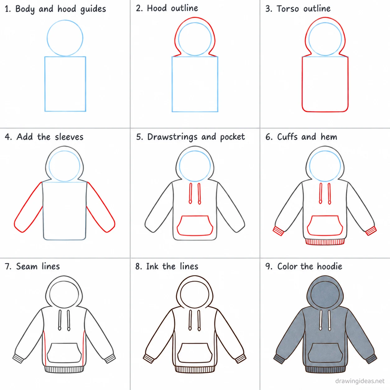 How to draw a hoodie step by step — 9-step hoodie drawing tutorial sheet