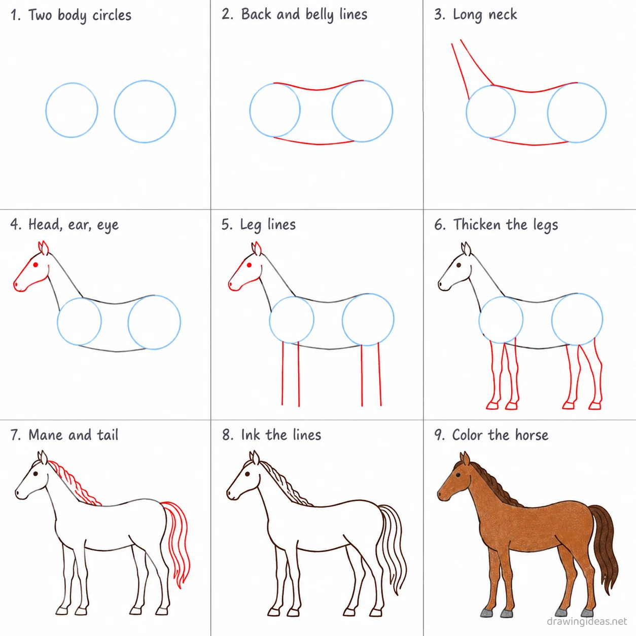 How to draw a horse step by step — 9-step horse drawing tutorial sheet