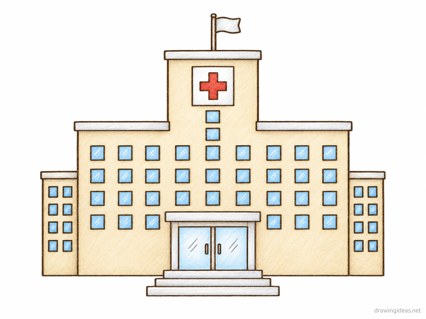 Hospital drawing — hand-drawn hospital illustration with ink lines and soft colors