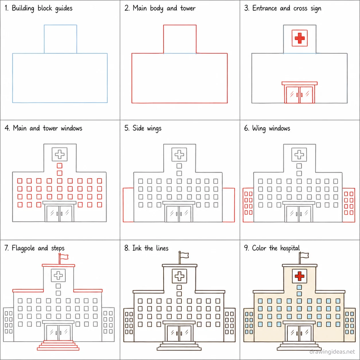 How to draw a hospital step by step — 9-step hospital drawing tutorial sheet