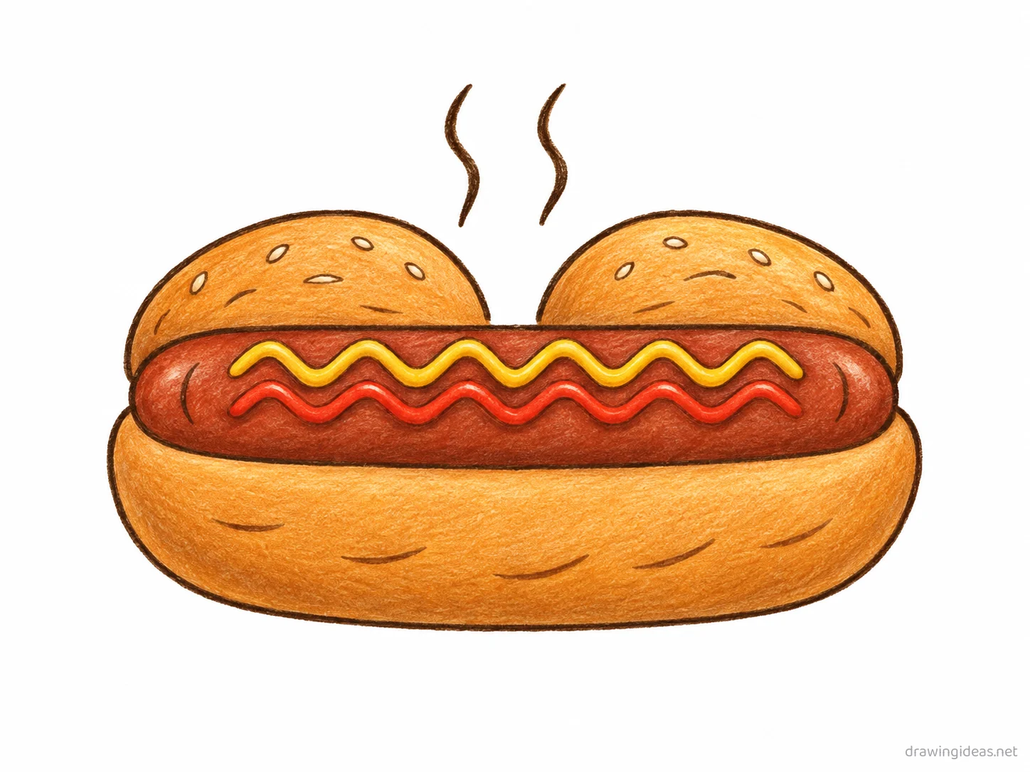Hot Dog drawing — hand-drawn hot dog illustration with ink lines and soft colors