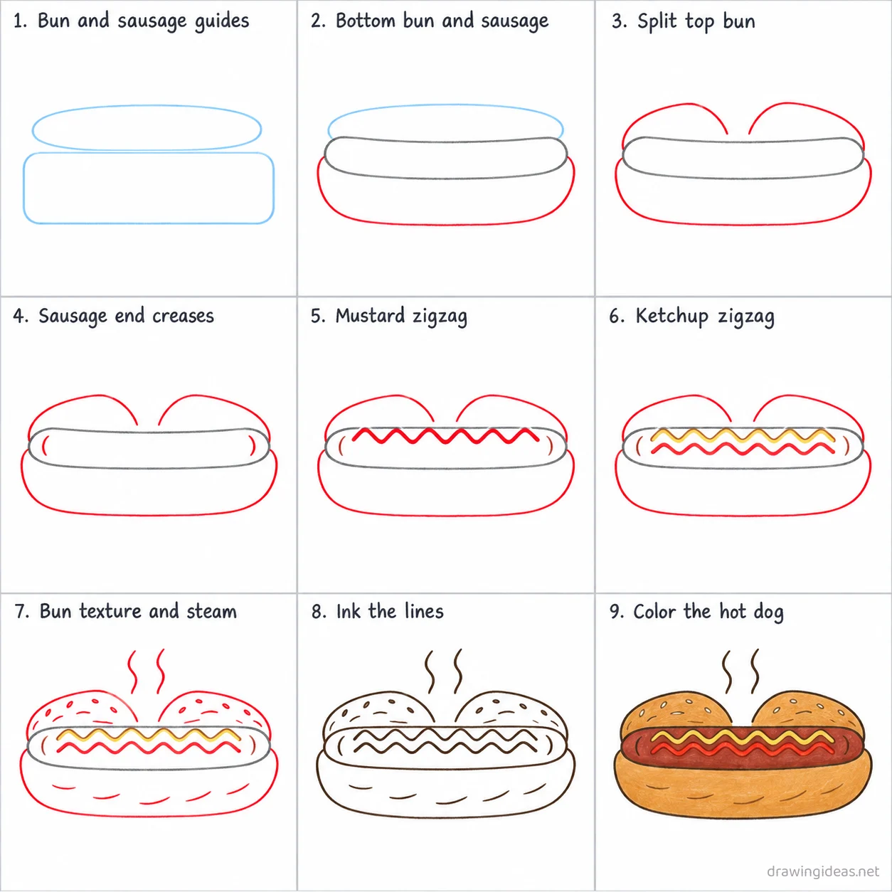 How to draw a hot dog step by step — 9-step hot dog drawing tutorial sheet