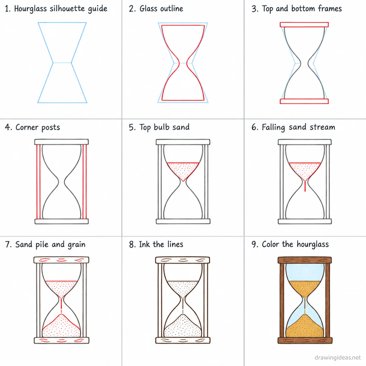 How to draw a hourglass step by step — 9-step hourglass drawing tutorial sheet