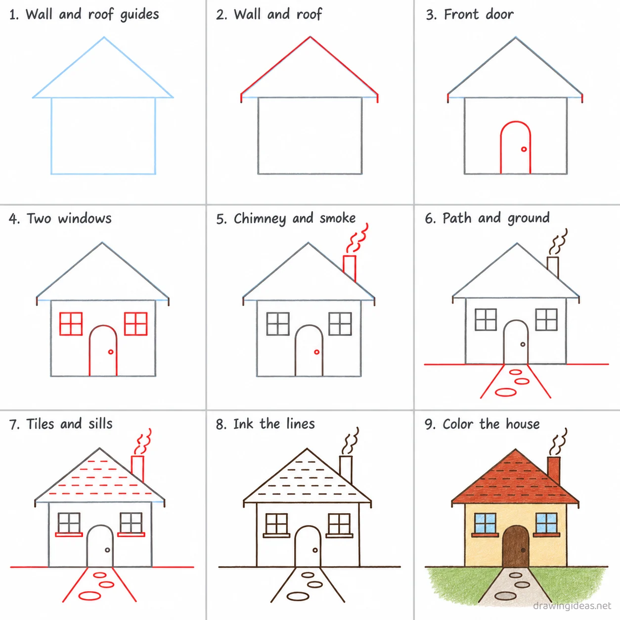 How to draw a house step by step — 9-step house drawing tutorial sheet