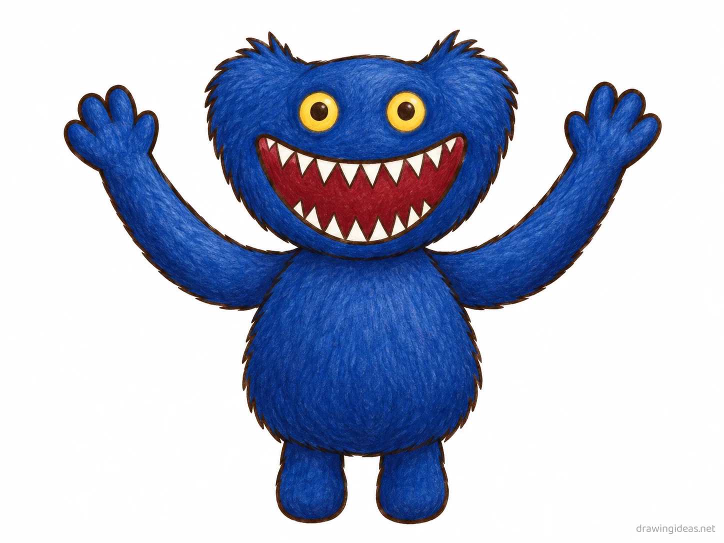 Huggy Wuggy drawing — hand-drawn Huggy Wuggy illustration with ink lines and soft colors