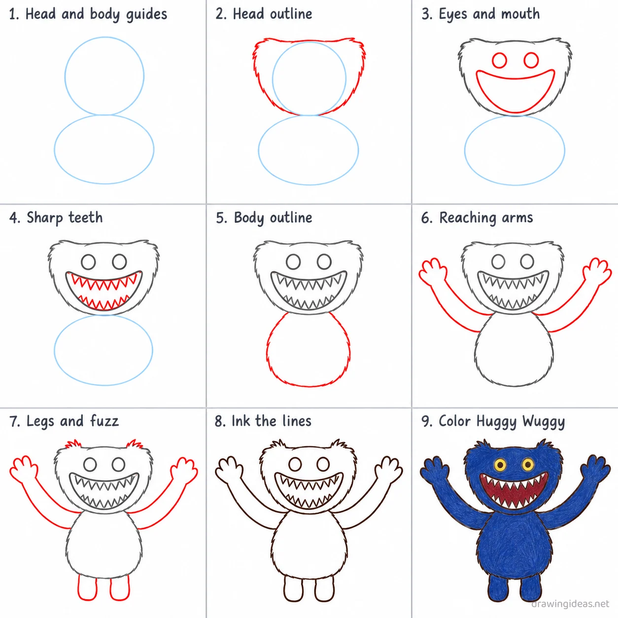 How to draw Huggy Wuggy step by step — 9-step Huggy Wuggy drawing tutorial sheet