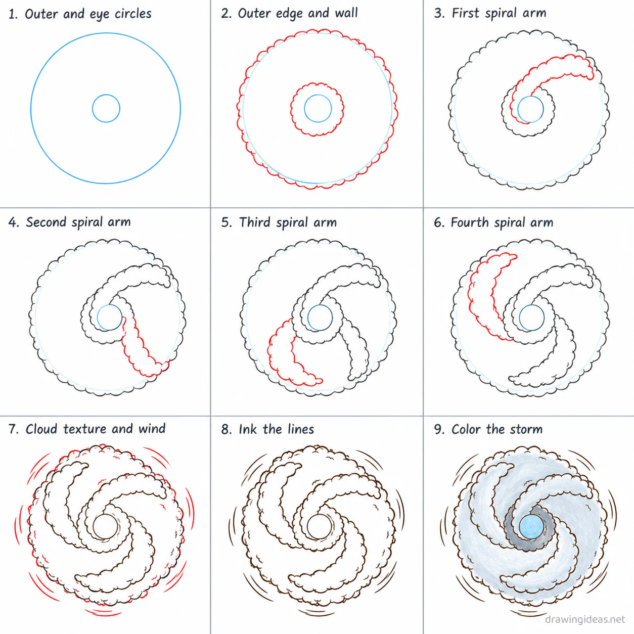 How to draw a hurricane step by step — 9-step hurricane drawing tutorial sheet