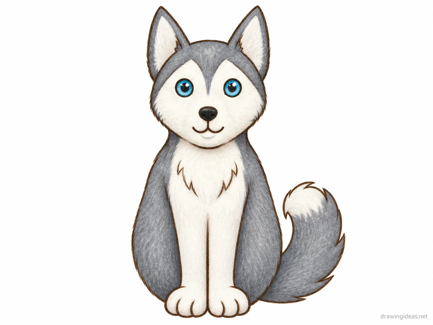 Husky drawing — hand-drawn husky illustration with ink lines and soft colors
