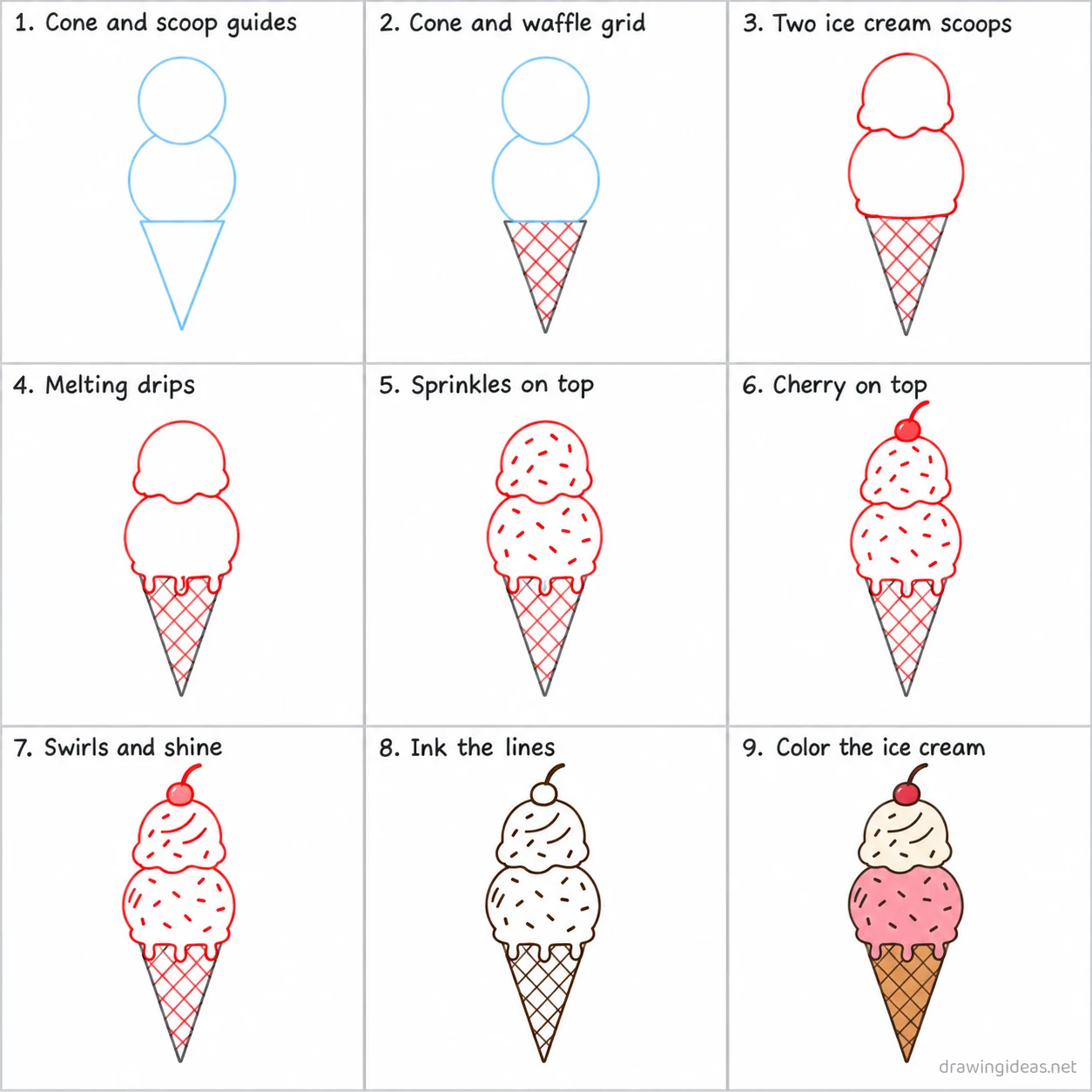 How to draw an ice cream step by step — 9-step ice cream drawing tutorial sheet