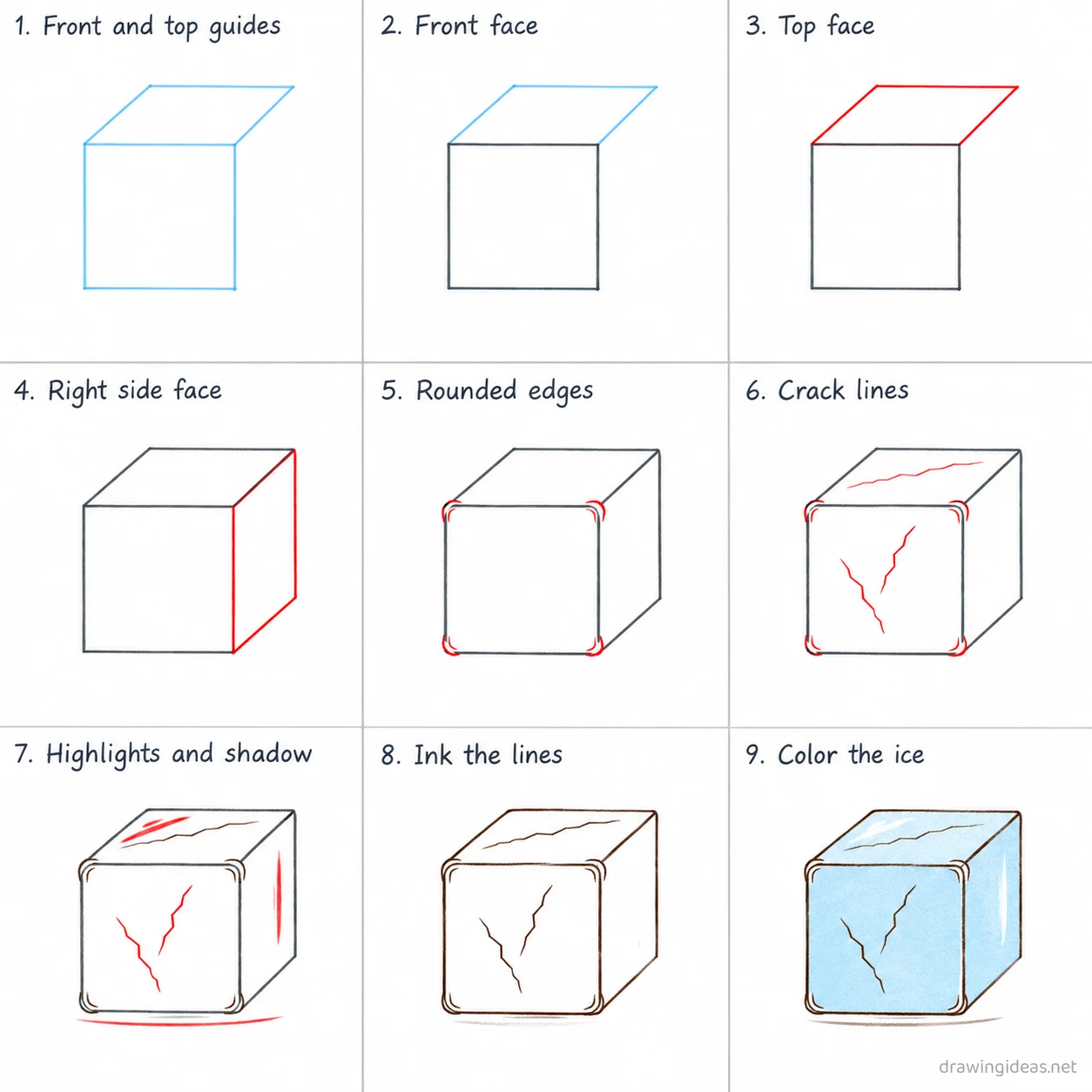 How to draw an ice cube step by step — 9-step ice cube drawing tutorial sheet