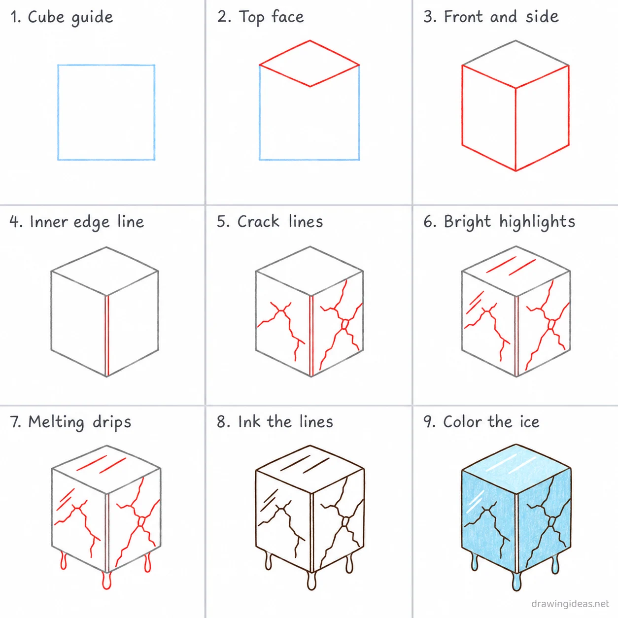 How to draw ice step by step — 9-step ice drawing tutorial sheet