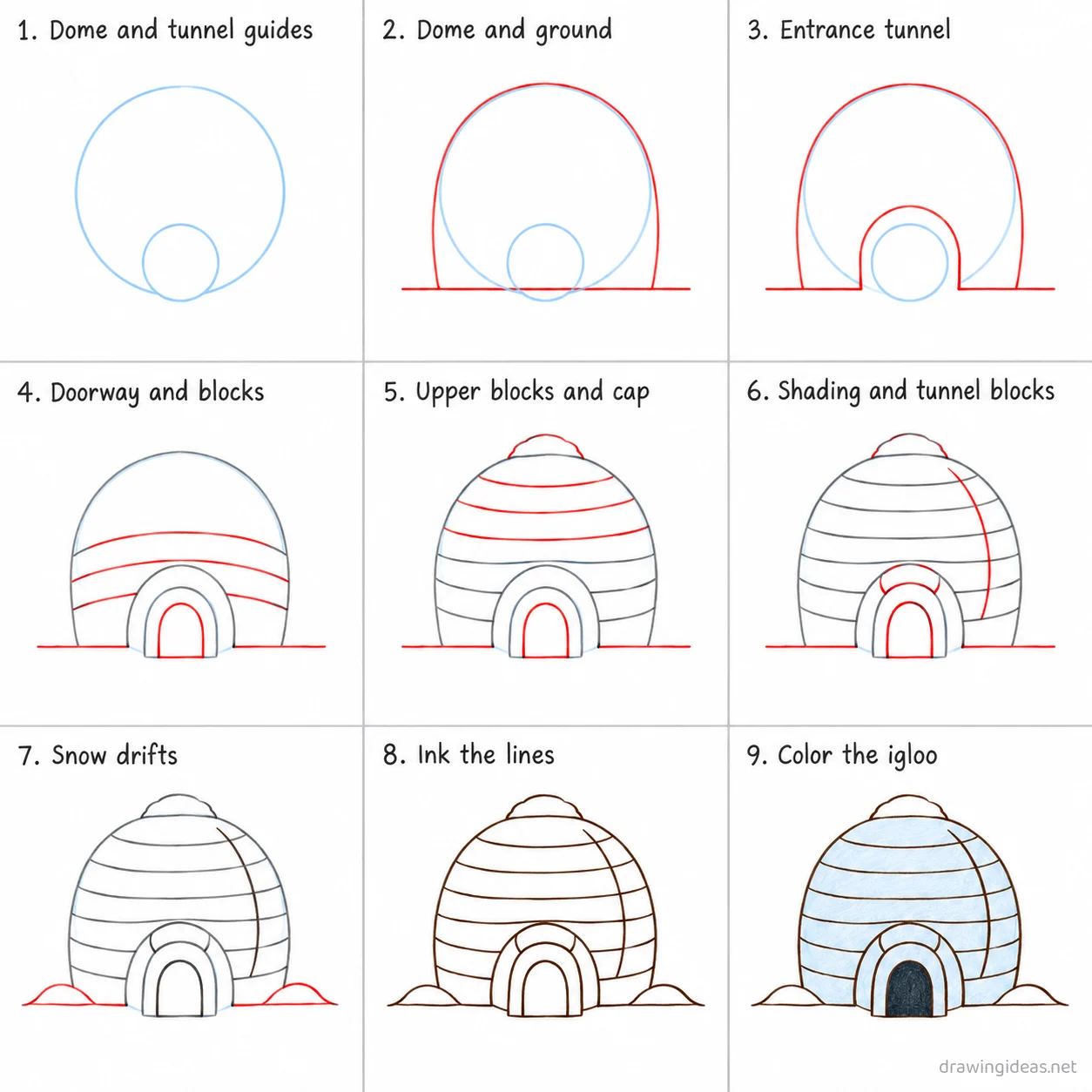 How to draw an igloo step by step — 9-step igloo drawing tutorial sheet