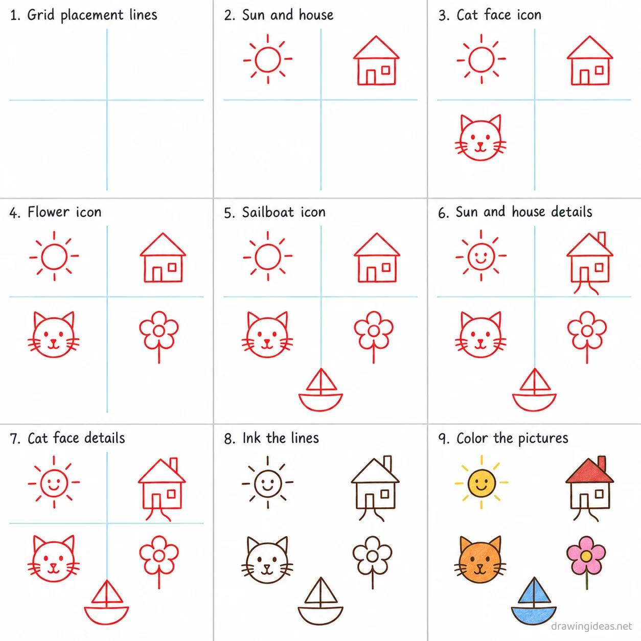 How to draw images step by step — 9-step images drawing tutorial sheet