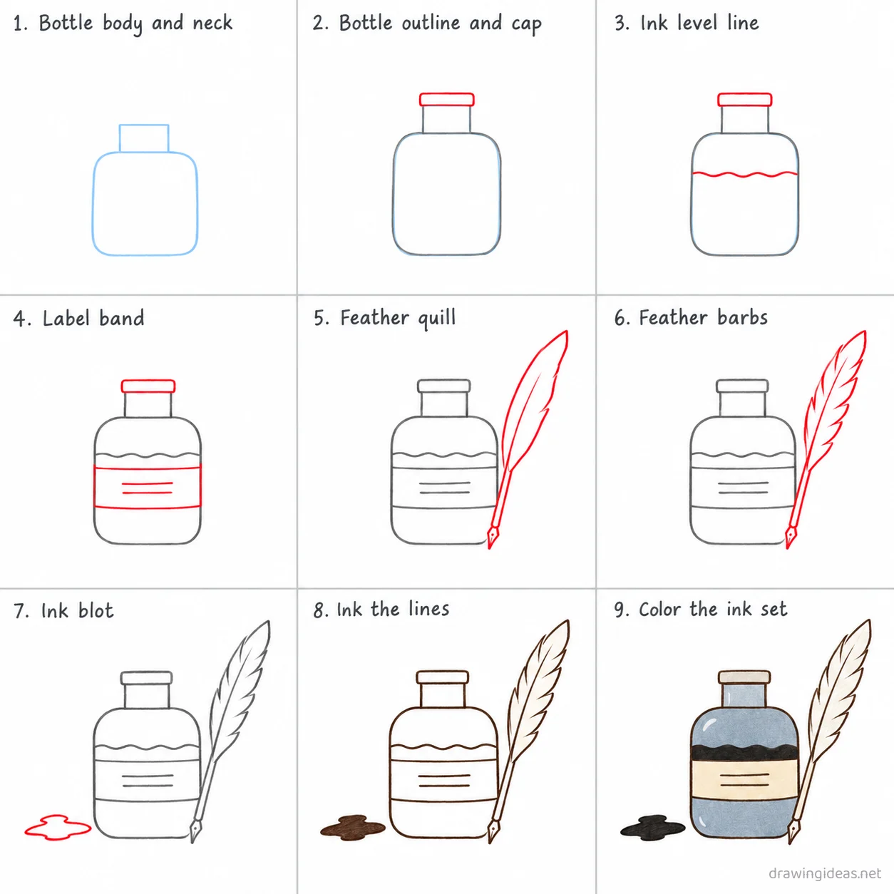 How to draw an ink step by step — 9-step ink drawing tutorial sheet