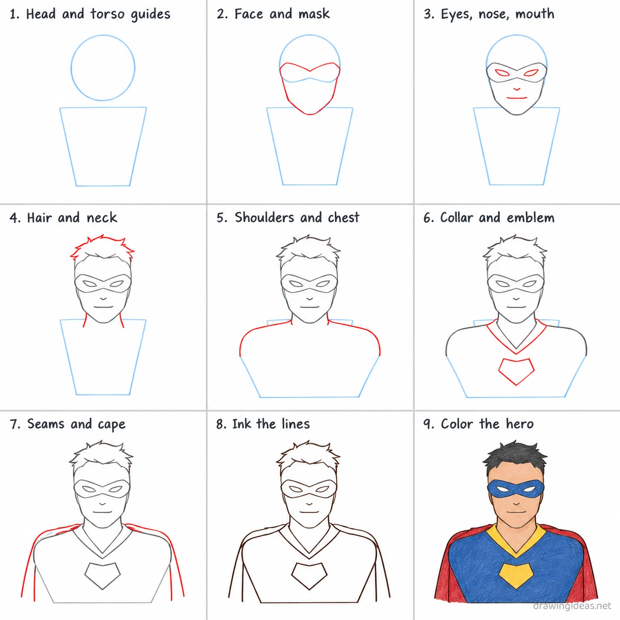 How to draw Invincible step by step — 9-step Invincible drawing tutorial sheet