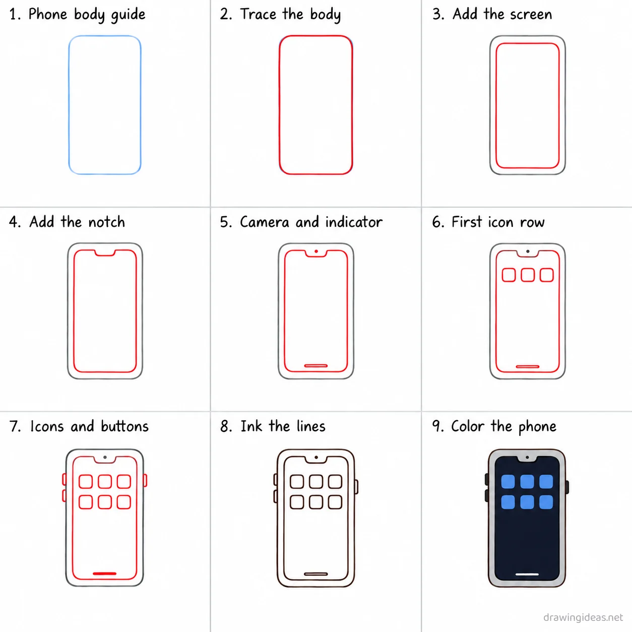 How to draw an iphone step by step — 9-step iphone drawing tutorial sheet