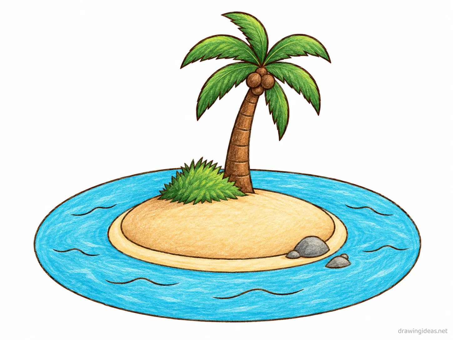 Island drawing — hand-drawn island illustration with ink lines and soft colors