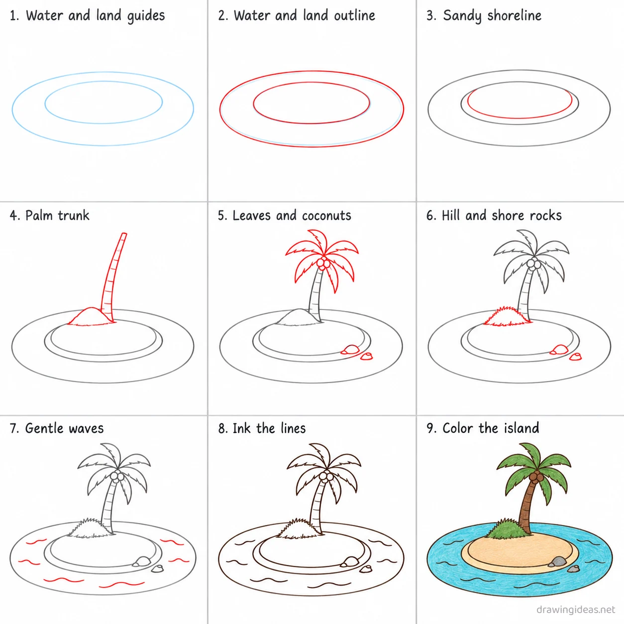 How to draw an island step by step — 9-step island drawing tutorial sheet