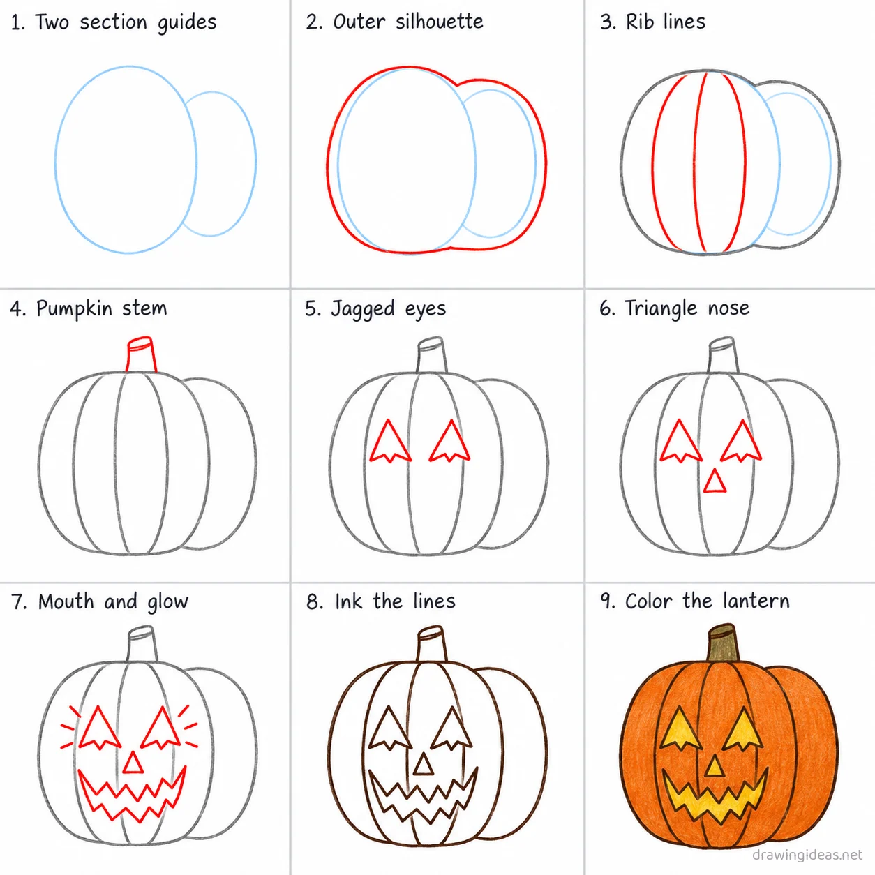How to draw a jack o lantern step by step — 9-step jack o lantern drawing tutorial sheet