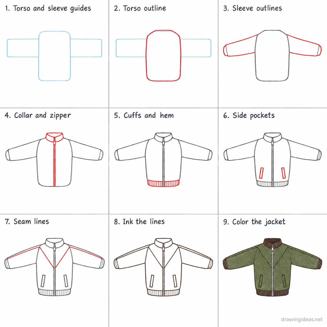 How to draw a jacket step by step — 9-step jacket drawing tutorial sheet