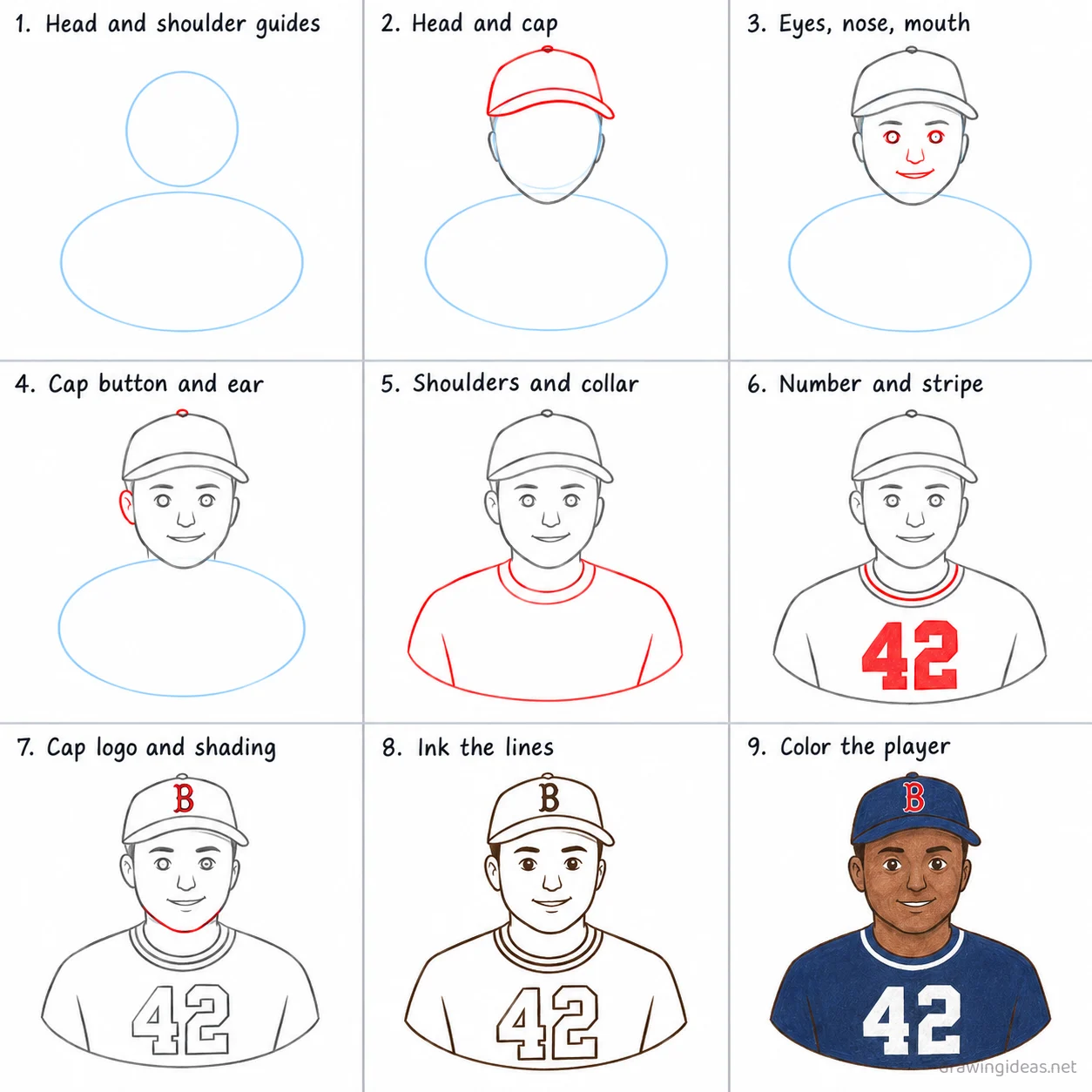 How to draw Jackie Robinson step by step — 9-step Jackie Robinson drawing tutorial sheet