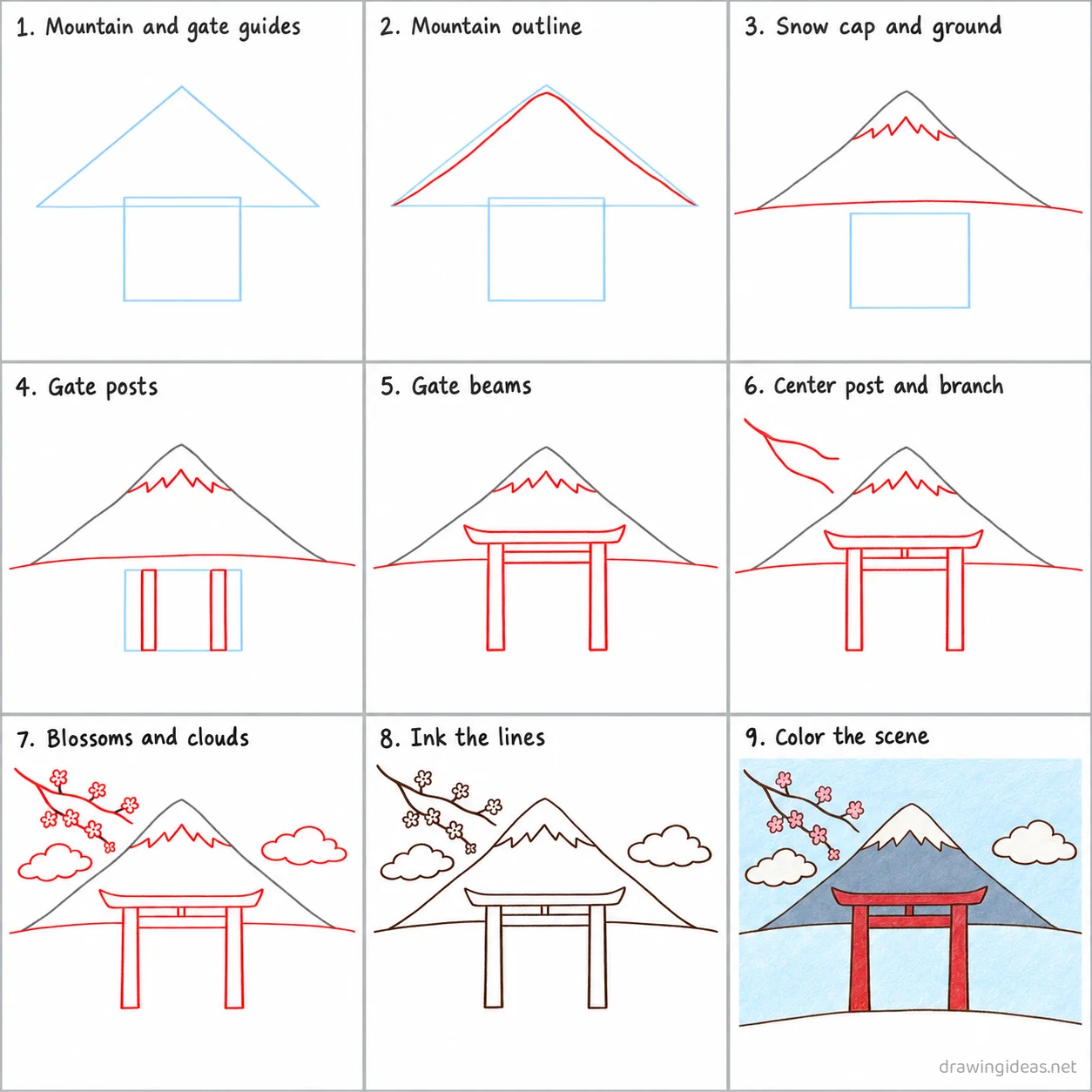 How to draw Japan step by step — 9-step Japan drawing tutorial sheet
