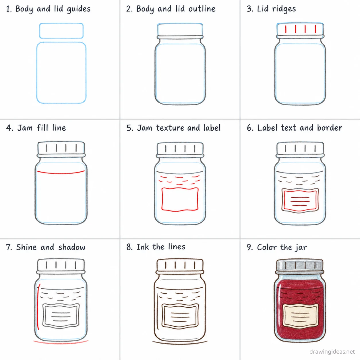 How to draw a jar step by step — 9-step jar drawing tutorial sheet