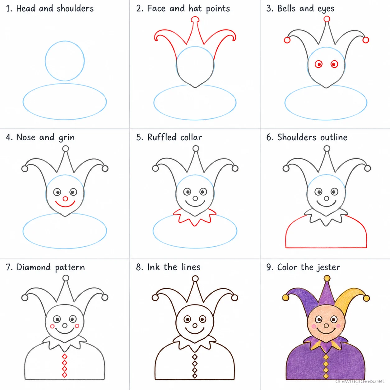 How to draw a jester step by step — 9-step jester drawing tutorial sheet