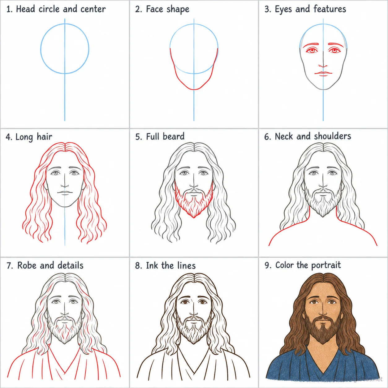 How to draw Jesus step by step — 9-step Jesus drawing tutorial sheet