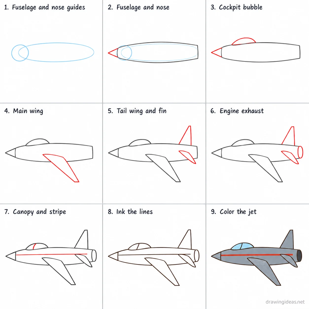 How to draw a jet step by step — 9-step jet drawing tutorial sheet